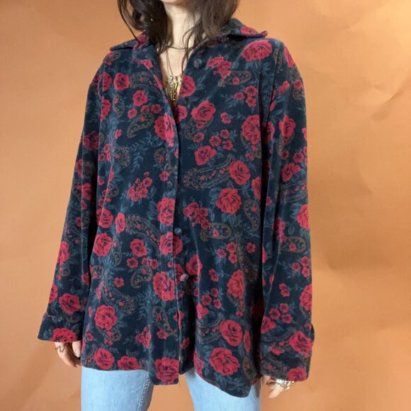 Vintage Floral and Paisley Print Velour 90s Grunge Western Button Down - Picture 4 of 7